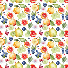 Seamless abstract watercolor pattern with flowers and fruits