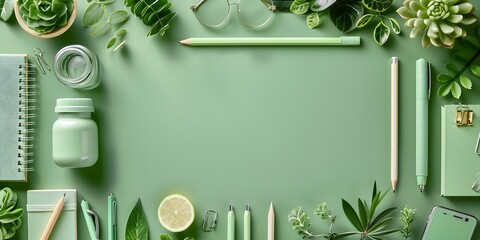 Eco-Friendly Office Supplies Arrangement with Greenery on Minimalist Desk