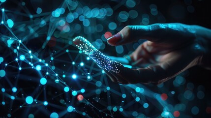 Big Data idea. neural network in digital form.Businesswoman's hand making contact the release of artificial intelligence. Future Cyberspace.Technology innovation and science. - obrazy, fototapety, plakaty