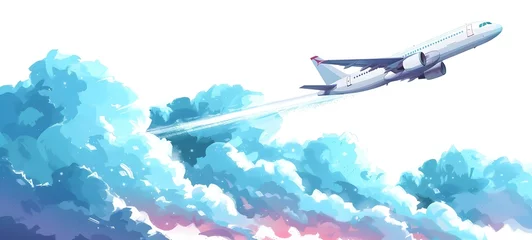 Fotobehang Cartoon Airplane Soaring High in Dreamlike Skies with Captivating Cloud Formations © Bussakon