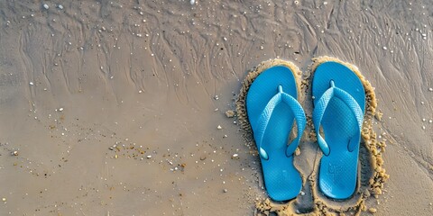 Naklejka premium Serene Beach Escape with Flip-Flops and Tranquil Footprints Leading to the Shimmering Ocean