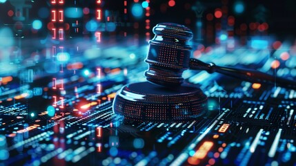 Judges gavel hovers in a high-tech, virtual space, symbolizing the enforcement of cybersecurity laws and regulations within an abstract technological environment.