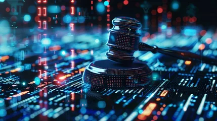 Fotobehang Judges gavel hovers in a high-tech, virtual space, symbolizing the enforcement of cybersecurity laws and regulations within an abstract technological environment. © TensorSpark