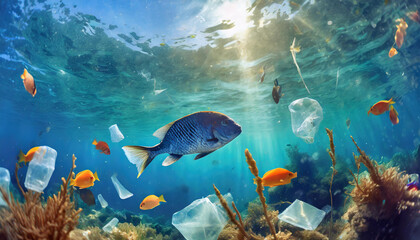 Fototapeta na wymiar Symbolik, Müllproblem, Plastikmüll treibt im Meer und gefährdet Tiere, KI-generiert