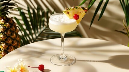 Pina colada cocktails garnished with pineapple slices and cherries