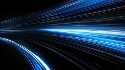 blue light and stripes moving fast over black background, abstract technology background