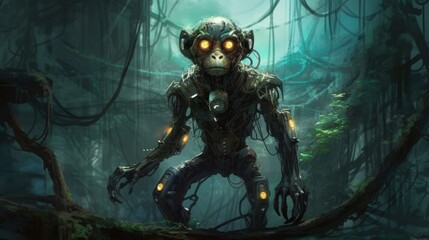 Artistic representation of a humanoid robot with a primate design, standing guard in a foggy jungle, highlighting themes of nature-tech harmony - obrazy, fototapety, plakaty