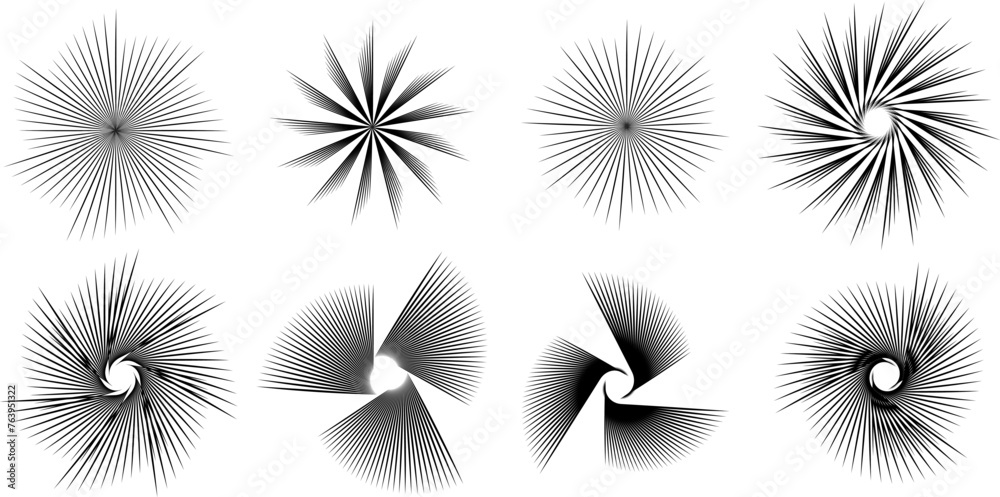Poster Set of abstract design elements. Geometric shapes. Circle in spiral with lines as icon, logo or design element