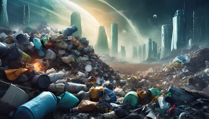 Symbolik, Futuristisch, Stadt erstickt im Müll, KI-generiert