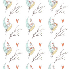 Seamless pattern with tree branches and bird feathers. Spring pattern. Doodle pattern style. Illustration drawn by hand