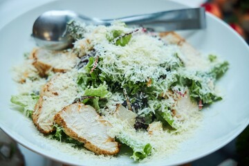 Salad with cheese and chicken on the festive table.