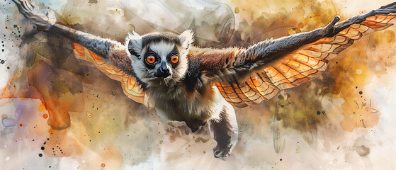 A majestic primate, resembling a lemur, soars through a colorful painting with wings outstretched, embodying the wild beauty of both mammals and birds