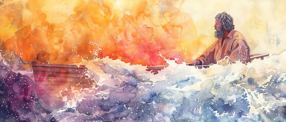 A contemporary watercolor masterpiece capturing the serene beauty of a lone figure in a boat