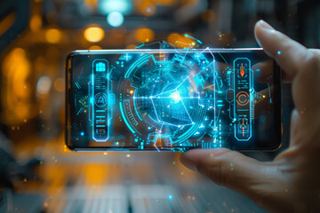 Hand holding smartphone displaying futuristic holographic interface with glowing blue elements.