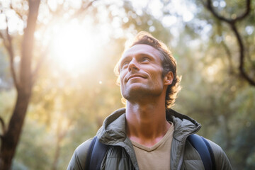 mid adult man looking up while hiking during weekend - obrazy, fototapety, plakaty