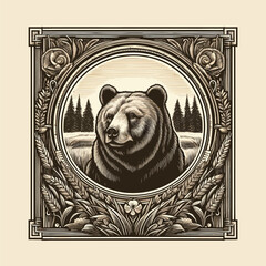 bear in frame with old engraving vector style, bear retro vintage illustration