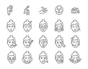 Skin care cosmetology beauty treatment and hygiene minimalist line icon set vector illustration