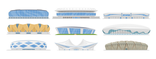 Sports stadium facade modern city arena exterior set isometric vector illustration