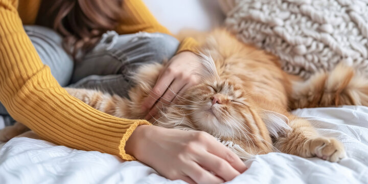 close up hand woman is playing with her cat on the bed in home, Friendship with pets