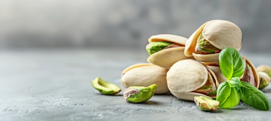 Pistachios on bright white table with abundant space for text and design creativity - obrazy, fototapety, plakaty