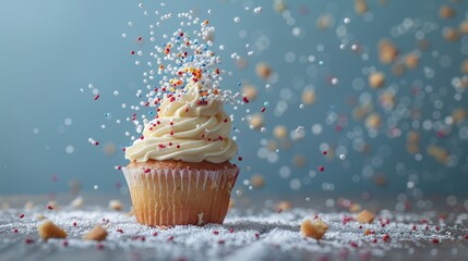 Dynamic exploding cupcake with colorful sprinkles in mid-air - obrazy, fototapety, plakaty