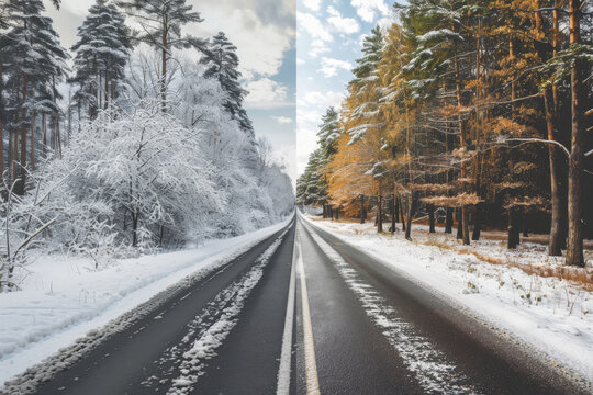 Combining images of winter and summer seasons on a road in the forest visually depicts the transition from snowy to green foliage, capturing the changing seasons and natural beauty of the landscape.