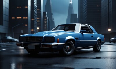 A blue vintage muscle car exudes power on rain-soaked city streets, reflecting the city lights with its polished surface. The car's muscular build hints at its performance heritage.