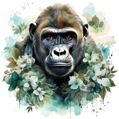 watercolor Gorilla Flowers clipart, Generative Ai