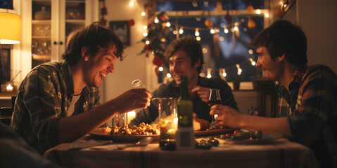 Friends are eating at the dining table. food brings people together concept 