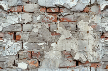 Aged brick wall with peeling plaster, seamless repeating texture.