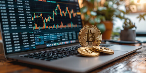 Golden bitcoin coin on a laptop, blockchain hard fork, cryptocurrency, finance and business concept, investment strategy, crypto currency