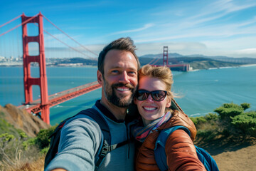 Couple selfie with Golden Gate Bridge, San Francisco backdrop.