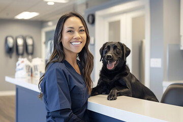 Smiling woman with black dog at reception desk