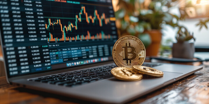 Golden bitcoin coin on a laptop, blockchain hard fork, cryptocurrency, finance and business concept, investment strategy, crypto currency
