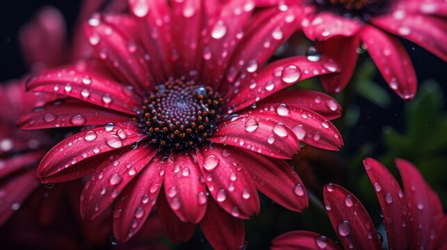 Close up of red gerbera daisy flower with water drops