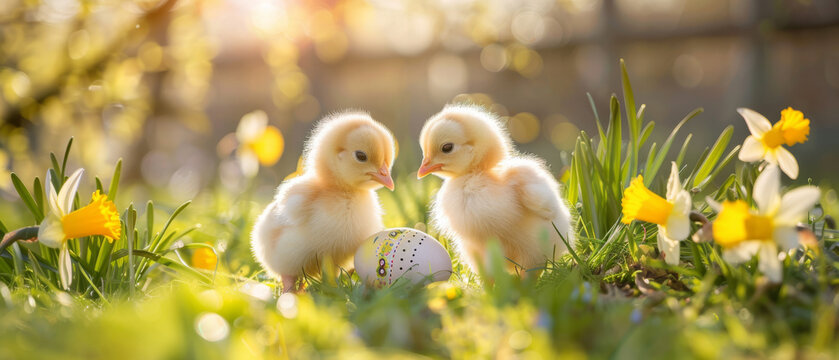 Two adorable chicks sit alongside brightly painted Easter eggs in a meadow adorned with blooming daffodils, capturing the joyful spirit of Easter.