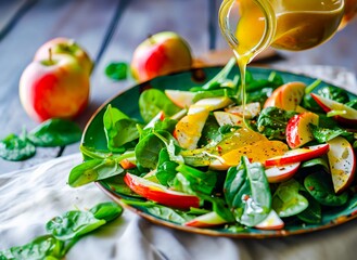 Spinach Salad with Vinaigrette Infused with Apple Vinegar and Herbs - 763953313