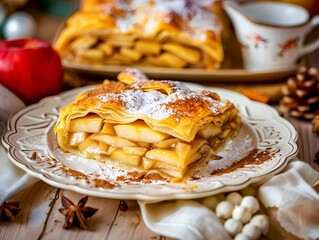 Traditional Apple Strudel Dusten with Powdered Sugar and Cinnamon - 763953323
