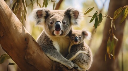 Obraz premium Mother koala and baby in eucalyptus forest