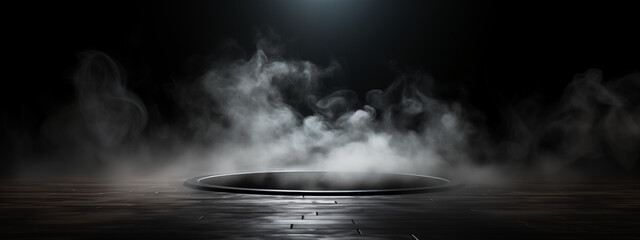 Enigmatic Fog Emerging from Circular Ground Opening on Dark Stage - obrazy, fototapety, plakaty