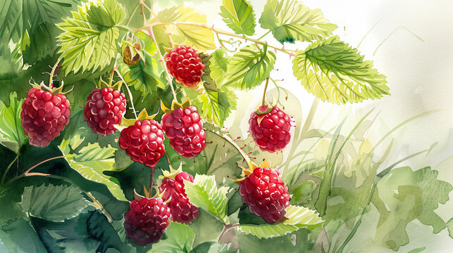 A vibrant watercolor painting captures the natural beauty of a bush adorned with an array of red berries, including tayberries, salmonberries, and wine raspberries