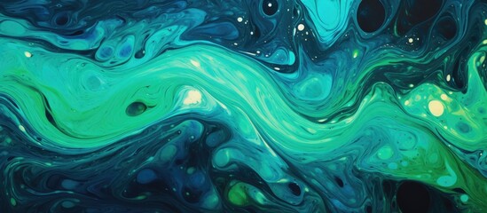 An organic and fluid painting in electric blue and green hues, resembling a marine organism in an underwater natural landscape. The pattern stands out against the black background - obrazy, fototapety, plakaty