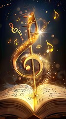  a magically sparkling sheet music book with a treble clef floating on it