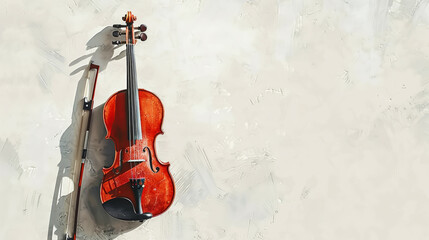 Aesthetic watercolor delicate drawing of violin on light clean background. Musical concept. Copy...