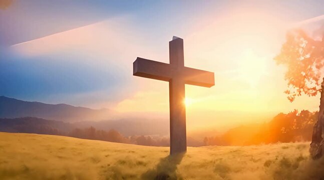 Ascension day concept The cross on meadow autumn sunrise background Video