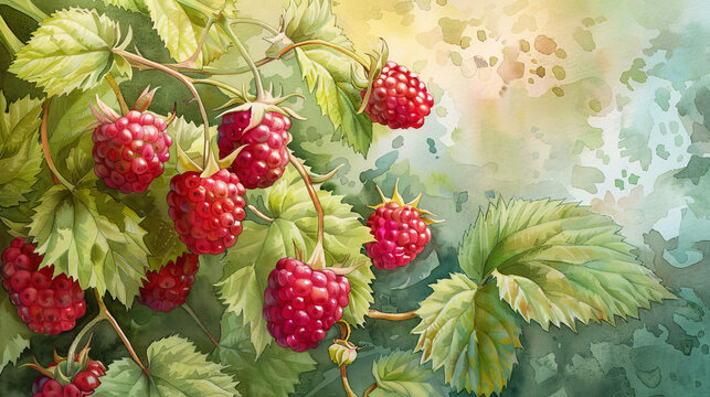 A vibrant and mouth-watering painting of assorted raspberries, including the unique tayberry, salmonberry, and olallieberry, hanging from a fruit tree branch, showcasing the beauty and diversity of t