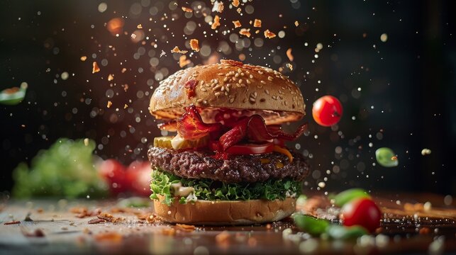 Dynamic exploding hamburger with flying ingredients on a dark backdrop
