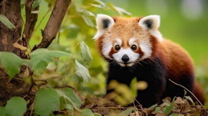 Closeup of red panda with curious expression in habitat