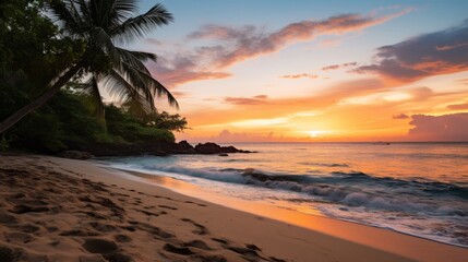 Tropical beach landscape with sunset and blue sky at dusk