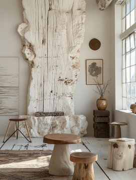 A room featuring a large piece of driftwood mounted on the wall, adding a unique and natural element to the space. The wood is weathered and textured, creating a focal point in the room
